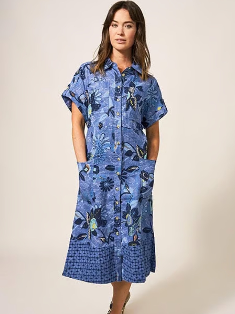 White Stuff Reno linen shirt dress blue print size 6 US